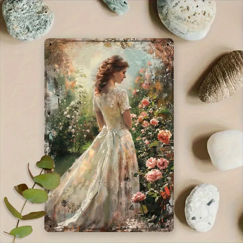 Vintage Metal Wall Sign Victorian Lady Roses 8x12 Inch Iron Art Decor