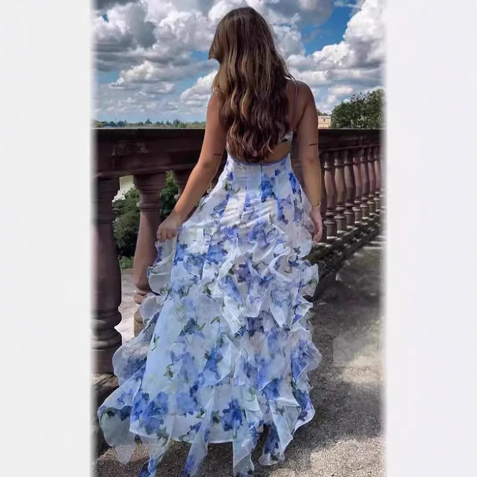 Printed V Neck Gown with Elegant Midi Waist Slim Fit Princess Sleeve Maxi Length 3D Pattern Commuter Dress Summer for Women