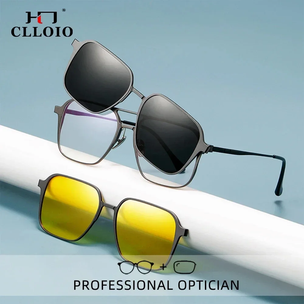 CLLOIO Aluminium 3 In 1 Magnet Clip Optical Myopia Glasses For Men Polarized Sunglasses Hyperopia Prescription Reading Glasses