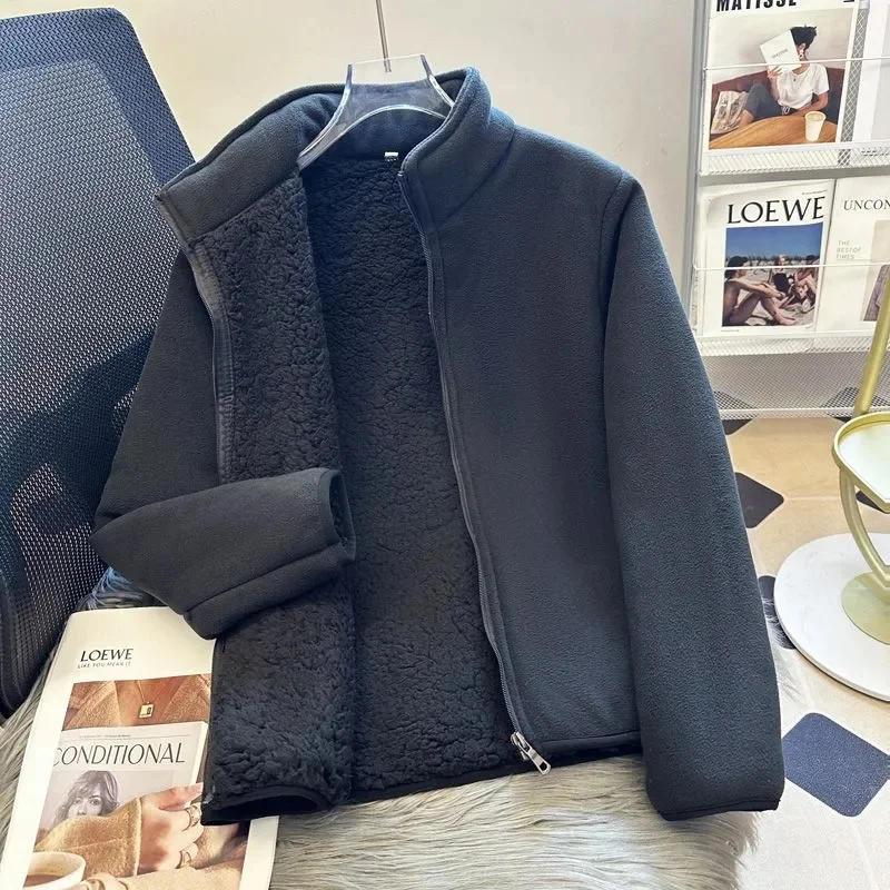 2025 Casual Polar Fleece Sweatshirt Women's Stand-up Collar Short Coat Autumn Winter Zipper-up Thicken Jacket Lady Warm Tops