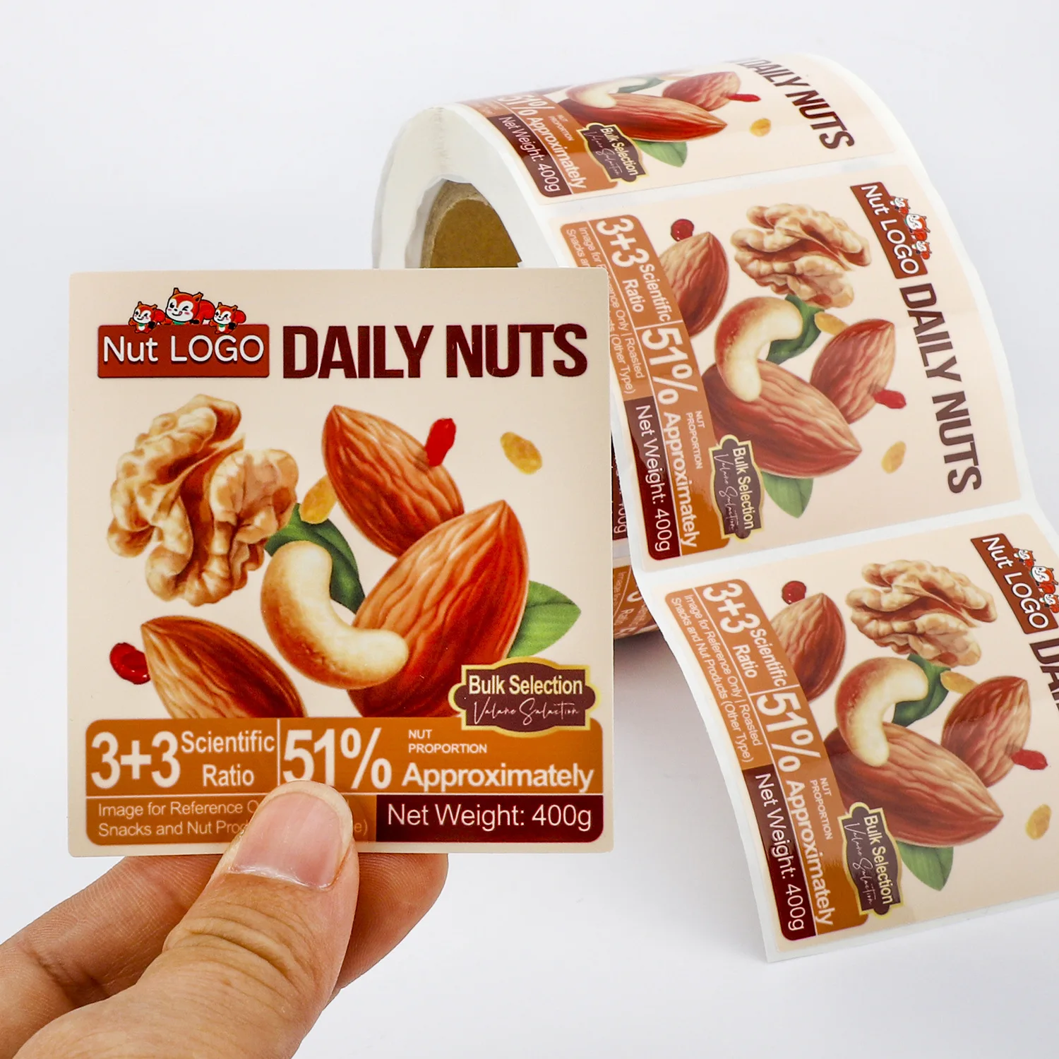 Custom snack stickers, nuts, dried fruits, and food packaging seals, self-adhesive labels, and logo printing. Custom designs av view 4