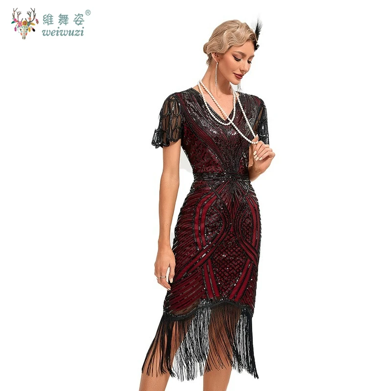 1920년대 우아한 V넥 비즈 프린지 드레스 여성 빈티지 파티 시퀸 바디콘 세미 시어 레이스 슬리브 칵테일 이브닝 드레스