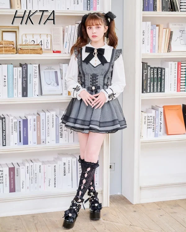 

Liz Dress Women Girls Lolita Set Japanese Sweet Cute Lace Double-breasted Buckle Ruffle Mesh Long-sleeved Dress Shorts Outfit