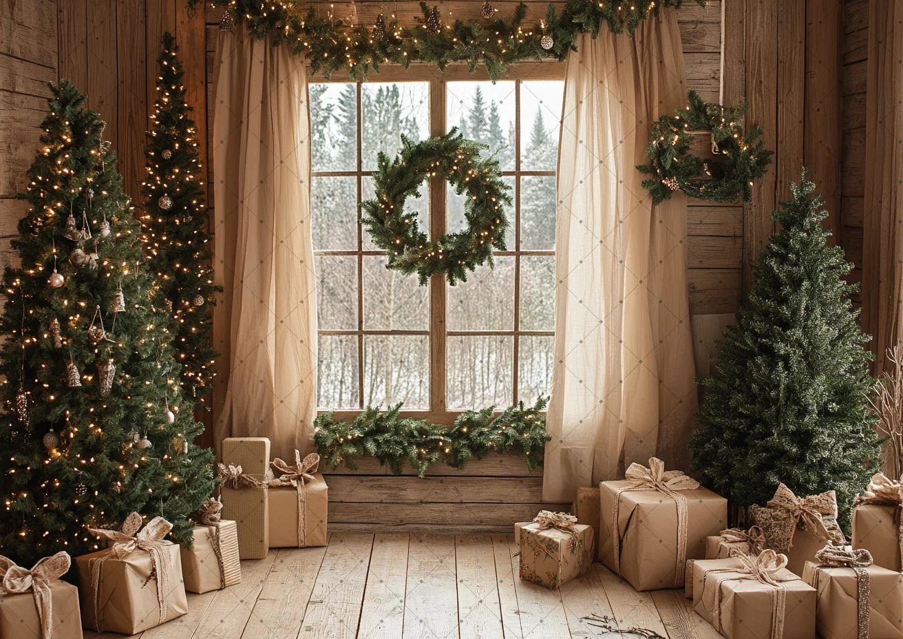 Farmhouse Wood Window Christmas Backdrop Snow Pine Garland Gift Curtain Indoor Studio Cloth Baby Family Holiday Shoot Background