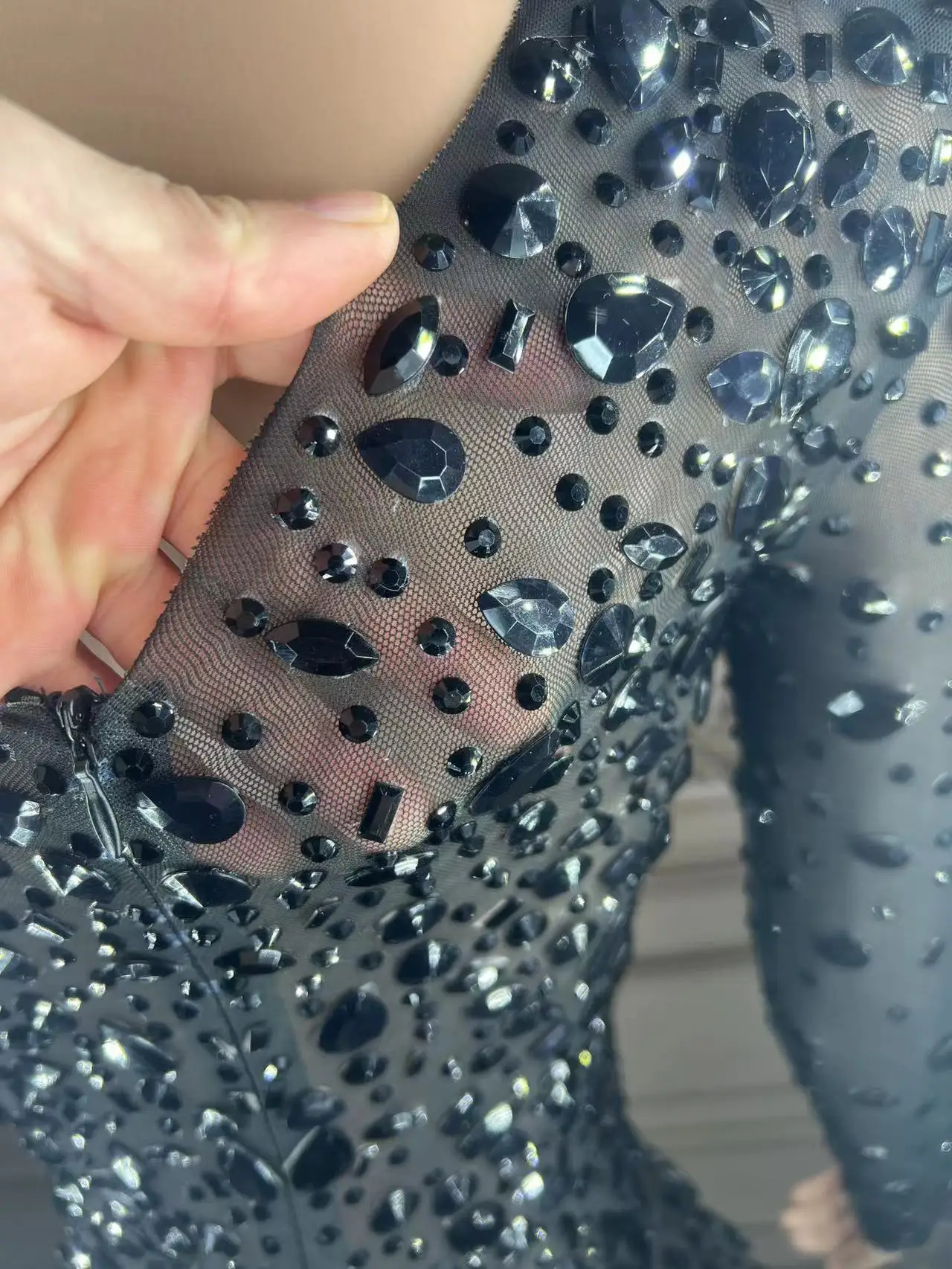 Black Crystals Pearls Sexy Mesh Dress Prom Evening Sexy Transparent Multicolor Rhinestones Costume Birthday plus size