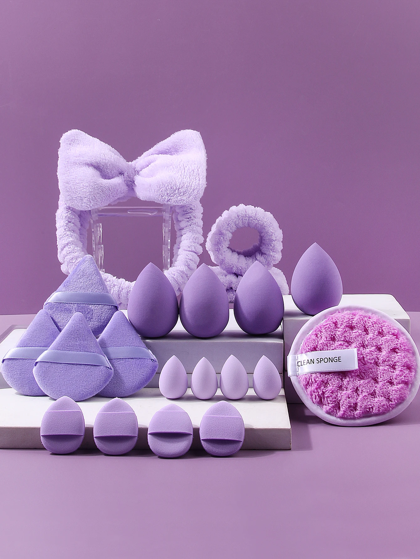 Juego de herramientas de maquillaje y limpieza facial profesional de 20 piezas, incluida esponja en polvo, banda para el cabello, muñequera y esponja para lavado de cara