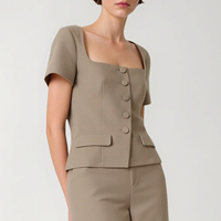 Mia Muse Lightweight Jackets Summer Daily Front Button Pocket Solid Color Short Sleeve Square Neck Office Lady Jackets For Women