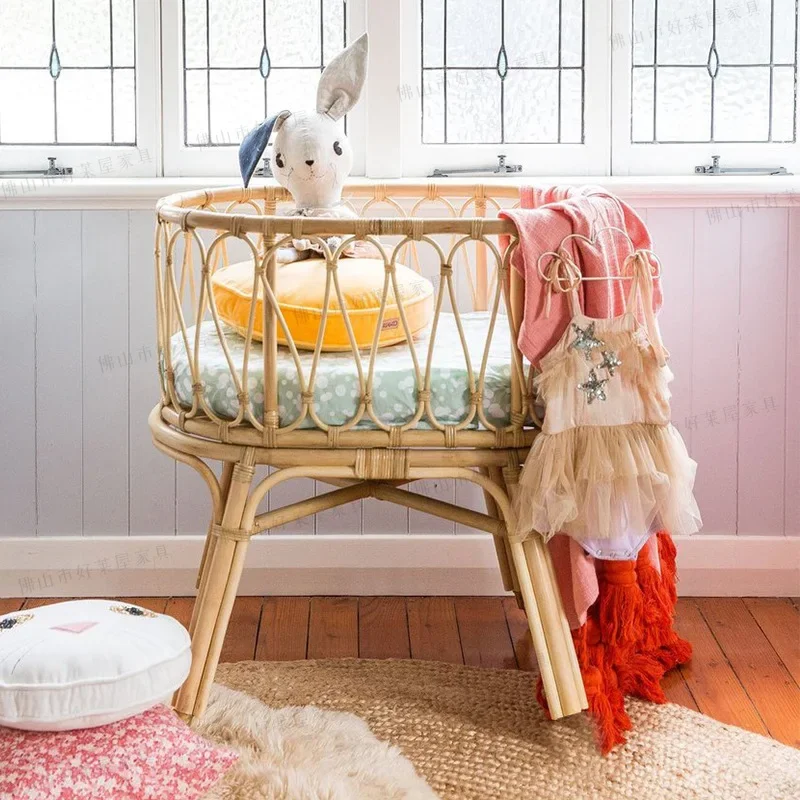

Real rattan children's bed Solid wood widened splicing bedside