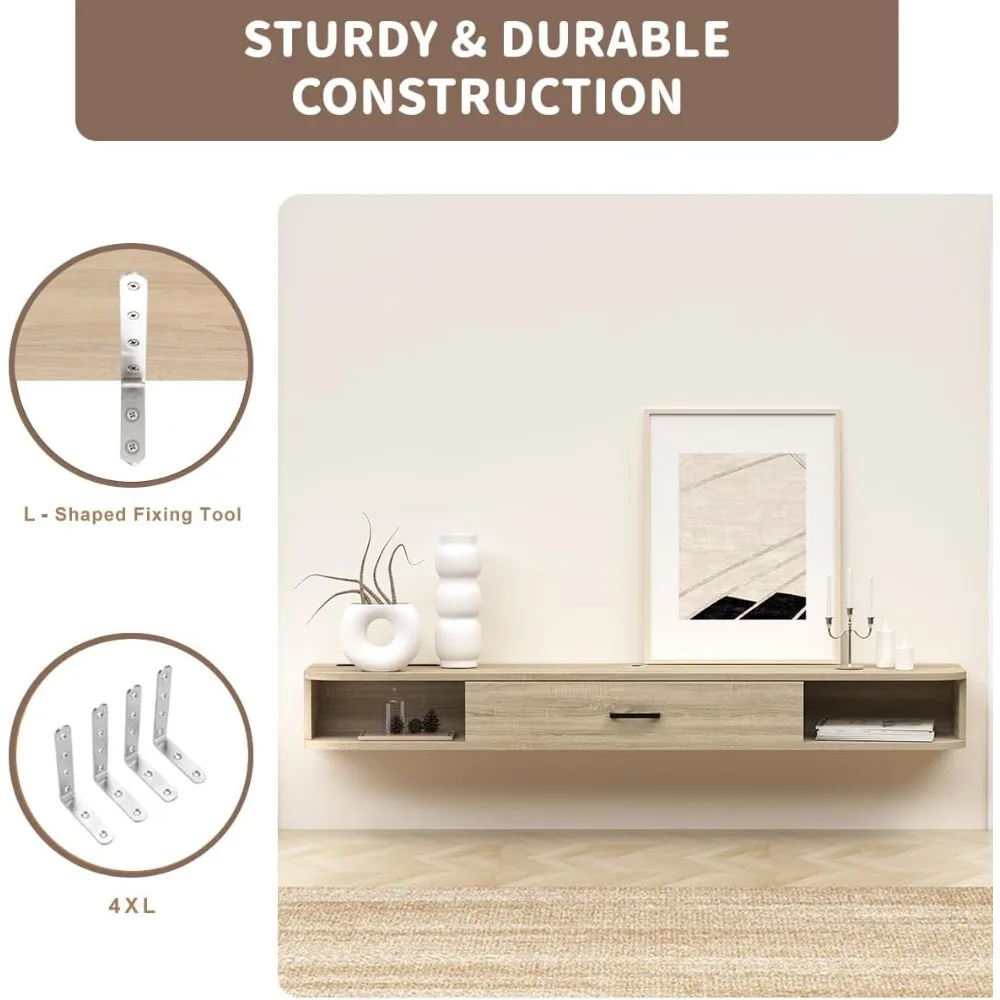 Szafka RTV wisząca na ścianę z półkami, drzwiczkami i kominkiem pod telewizor, oszczędzająca miejsce, na odtwarzacze DVD