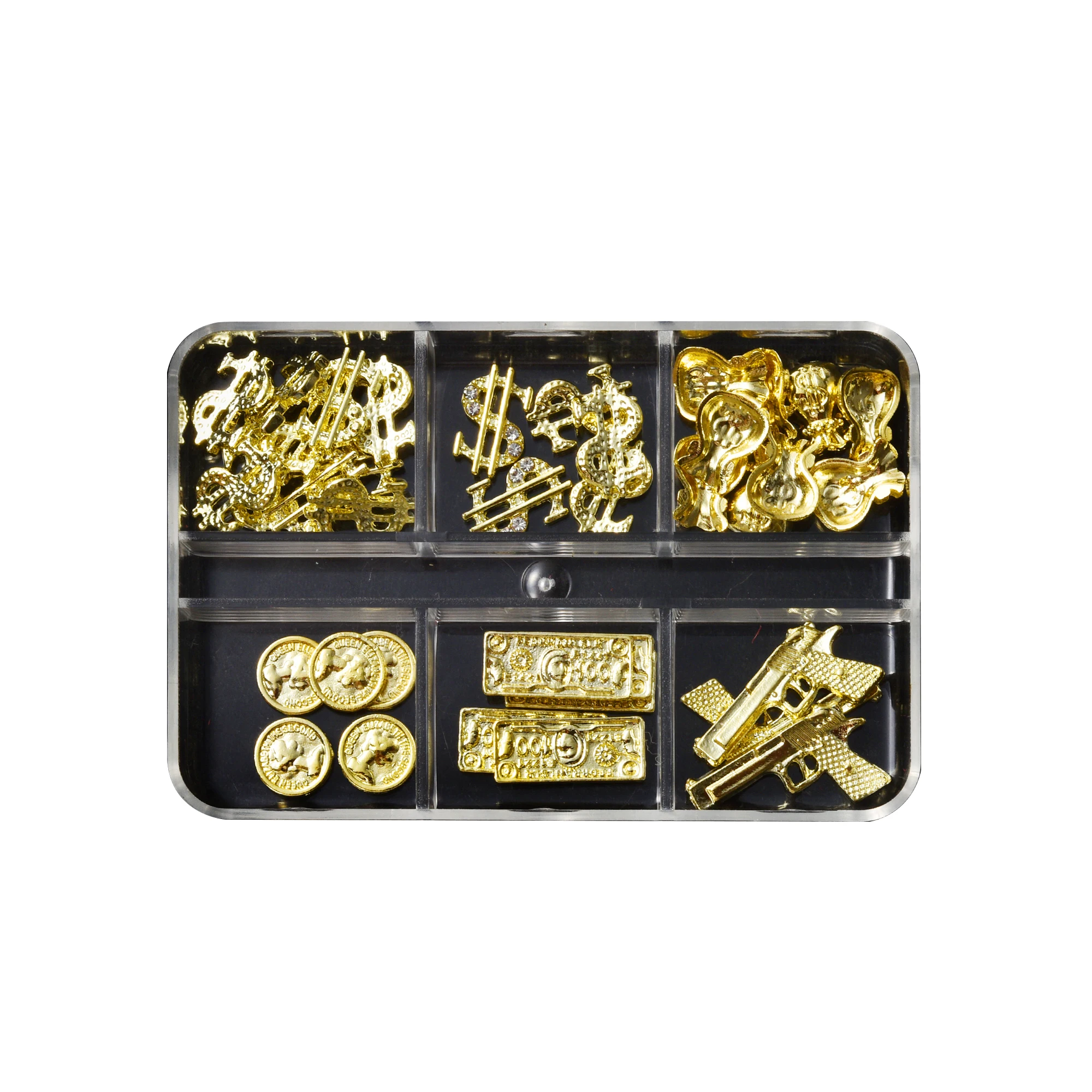 6-Fächer-Box-Set, 40-teilig, Neues Stylisches Nagelkunst-Schmuckdekor, Goldene Pistole & Geldbörse Metall-Accessoires – Detail 4