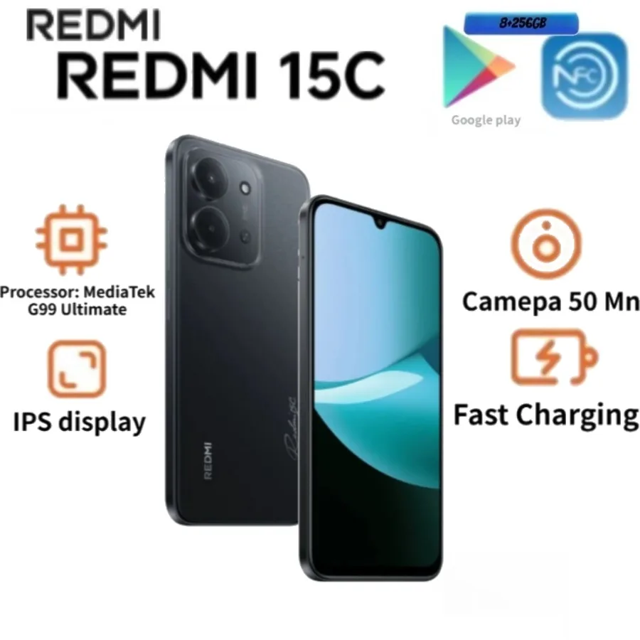 2026 Redmi 15C Unlocked Cell Phone 8GB+256GB IP64 Dustproof Waterproof Side Fingerprint NFC 3.5mm Jack Android Smartphone