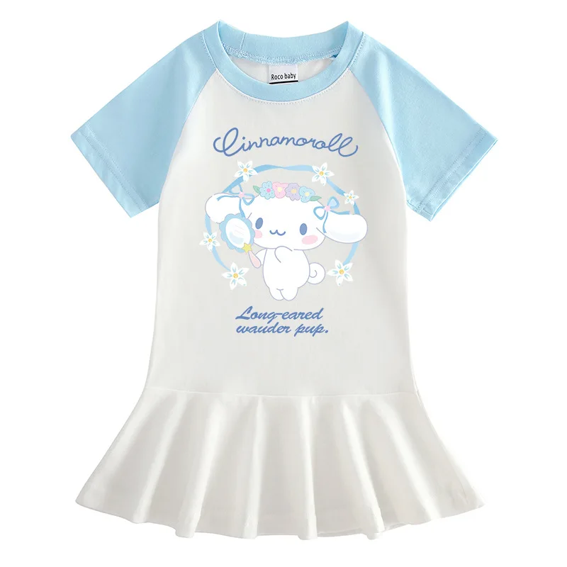 Anime Sanrios Cinnamoroll Kids Short Sleeve Dress Girls Cartoon Half Sleeve Dress Fashion Pleated Skirt Preppy Clothes Summer