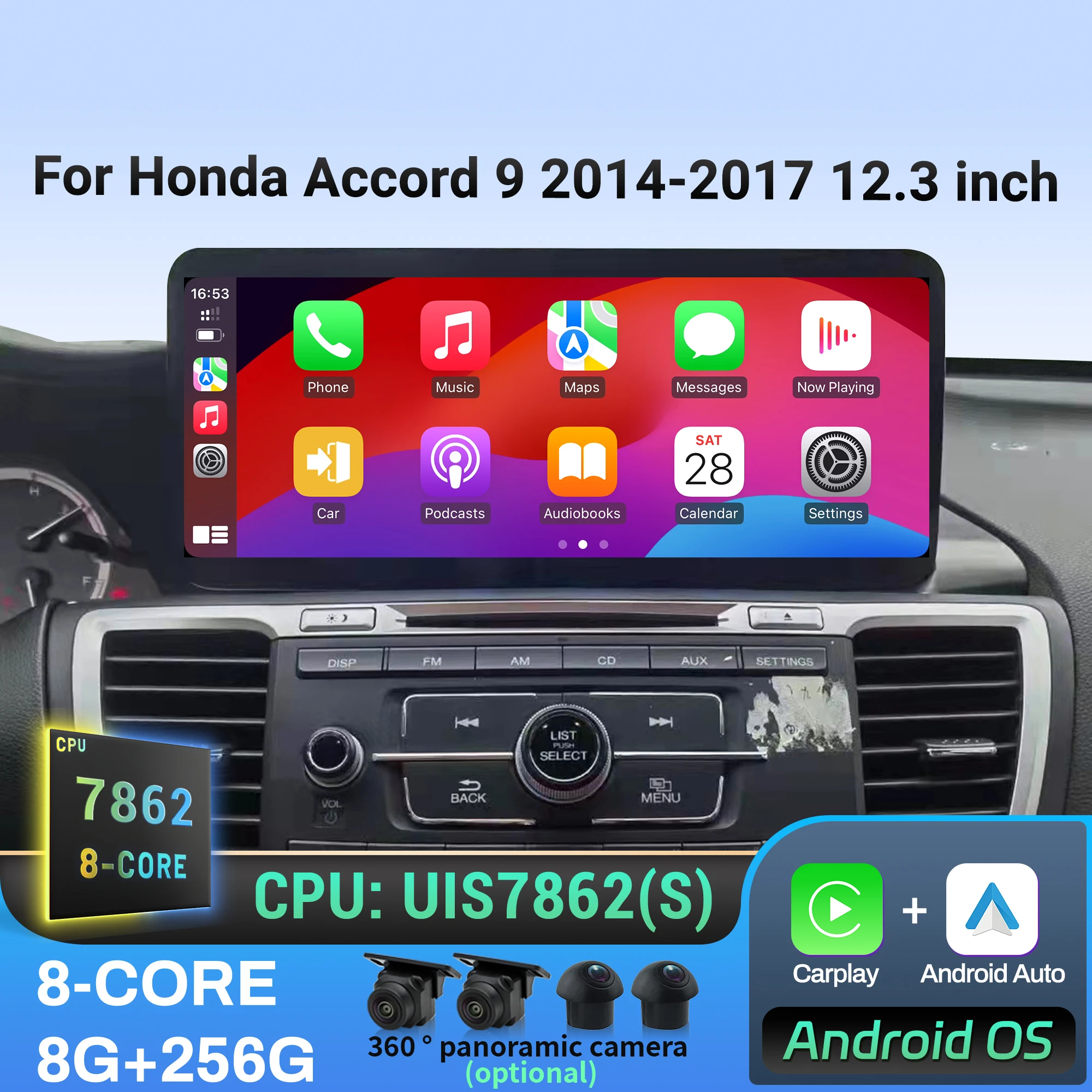 

12.3 inch For Honda Accord 9 2014 2015 2016 2017 Car Radio Multimedia Navigation GPS Android 14 Wireless BT CarPlay Touch Screen