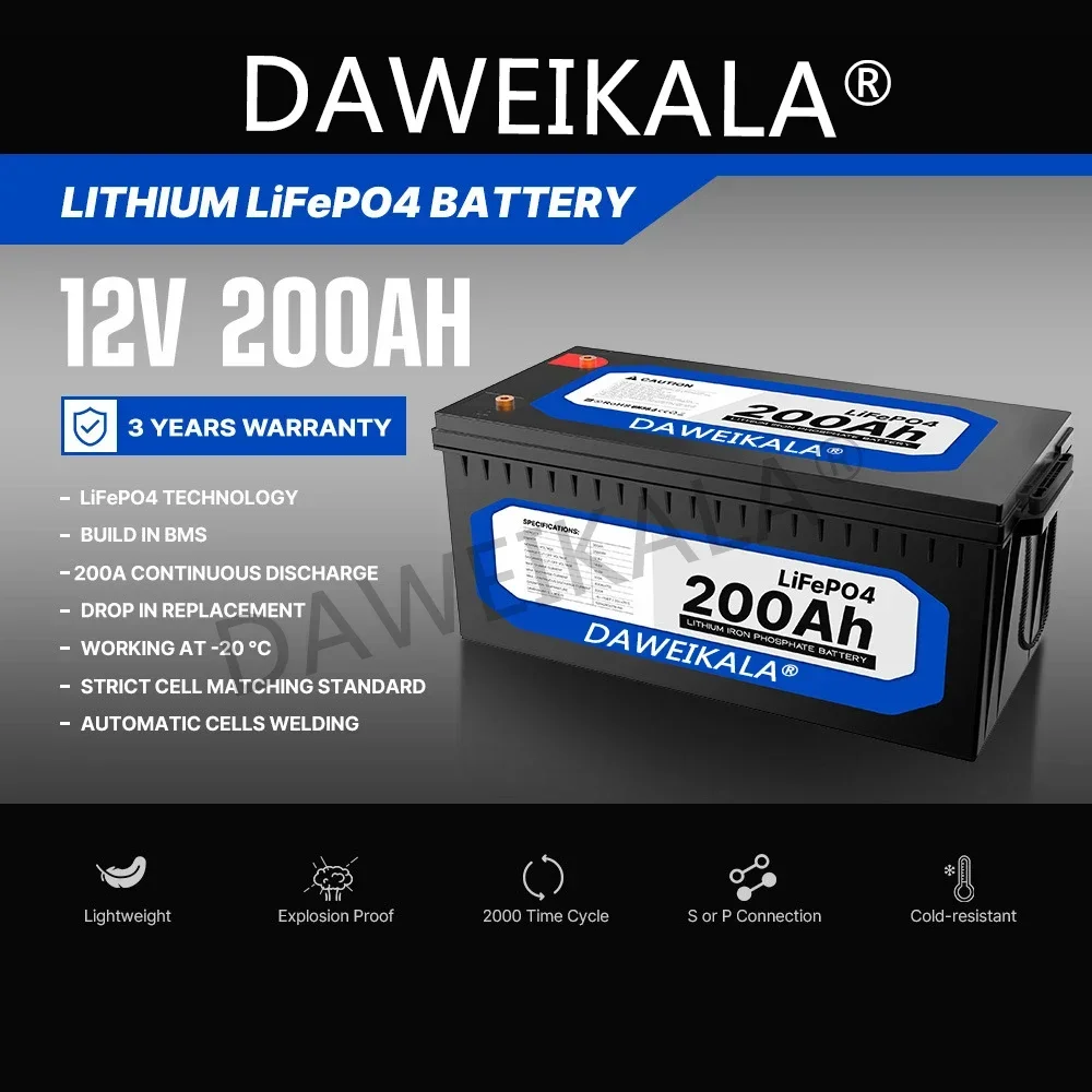 12V 200Ah LiFePO4 Battery Lithium Iron Phosphate Battery Built-in BMS for Solar Power System RV House Trolling Motor