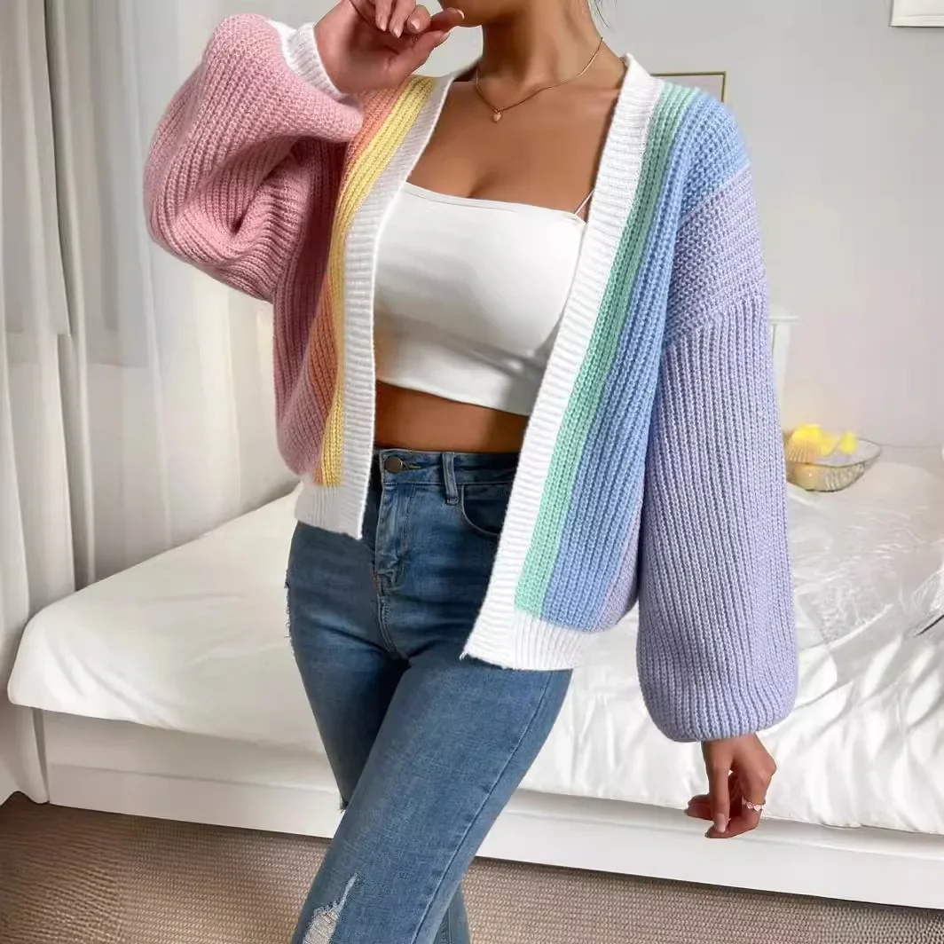 Elegant Fashionable Knitted Cardigan Women's European Style Long Sleeve Top Sweater Multibar Patchwork Color Blocking Design Sen