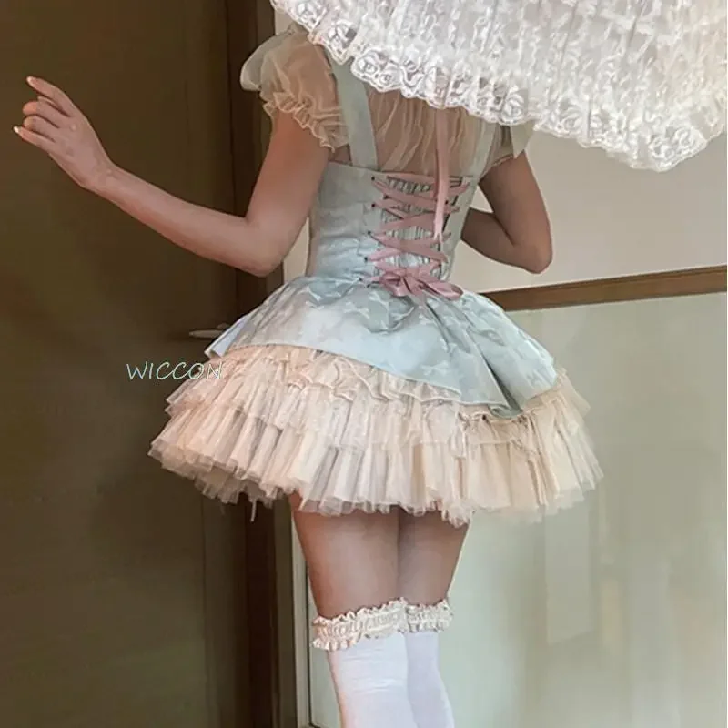 Vestido japonés de Lolita Jsk para mujer, Mini vestido de princesa de fiesta con lazo Vintage, estilo de Ballet Kawaii, malla Y2k