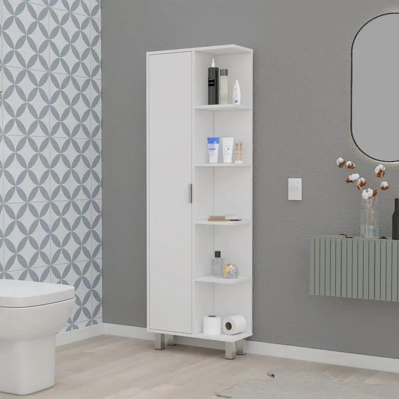 

Linen Cabinet with Door and 9 Shelves in White Finish - Space Saving Storage Solution for Bathroom or Living Room