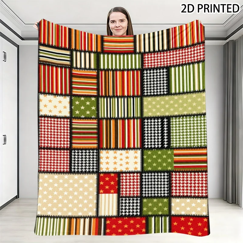 Colorful Patchwork Fall Throw Blanket with Festive Grid Pattern, Multiple Specifications Available, Soft Cozy Decorative Cover f