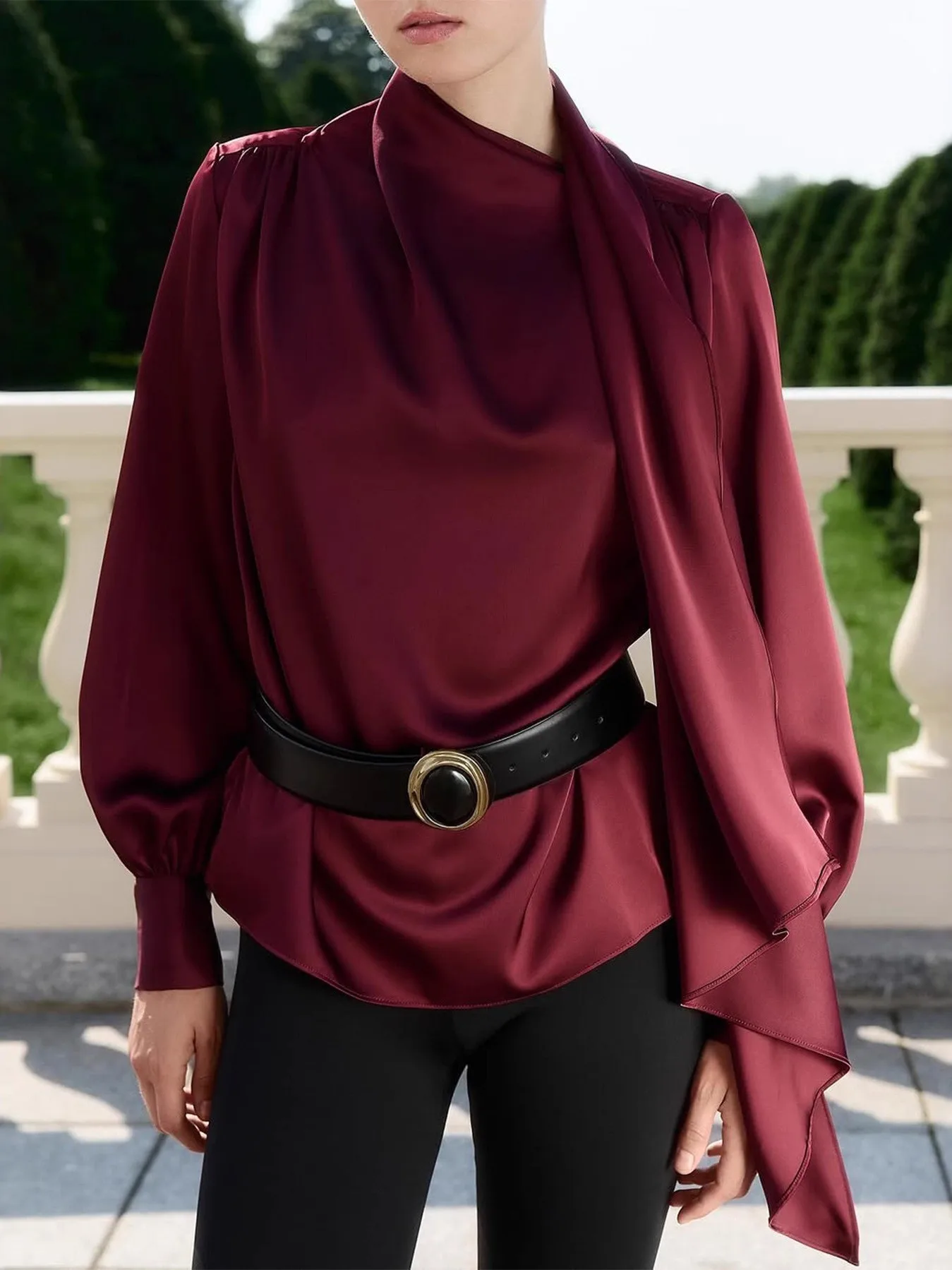 

Однотонная шелковая атласная блузка с длинным рукавом и воротником-шарфом, женская, для повседневной носки, утепленная, из искусственной кожи, с подкладкой из флиса