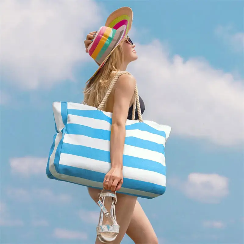 Grand sac de voyage rayé pour femmes, sac à main de plage à fermeture éclair, sac de piscine de sable, grand sac à main