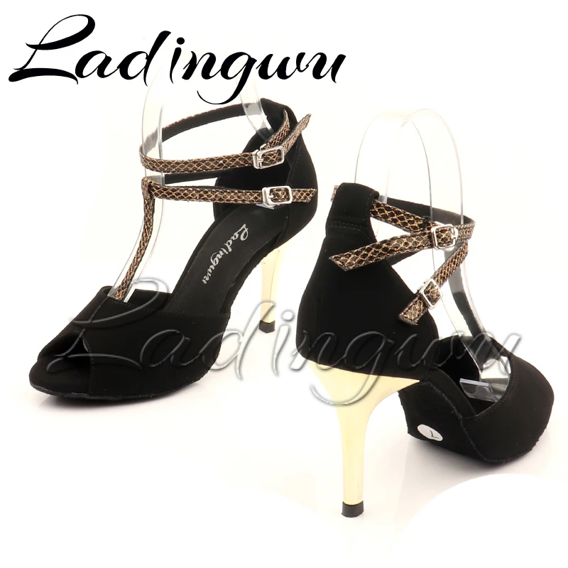 Ladingwu Hot Selling Flannel Black For Women Salsa Dance Shoes Soft Bottom Latin Tango Samba Dance Shoes High Heels 7.5cm 8.5cm