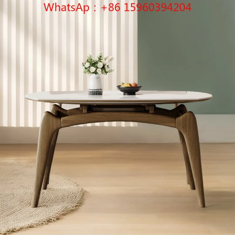 Nordic simple solid wood retractable rock slab dining table light luxury full support round small apartment folding rock slab