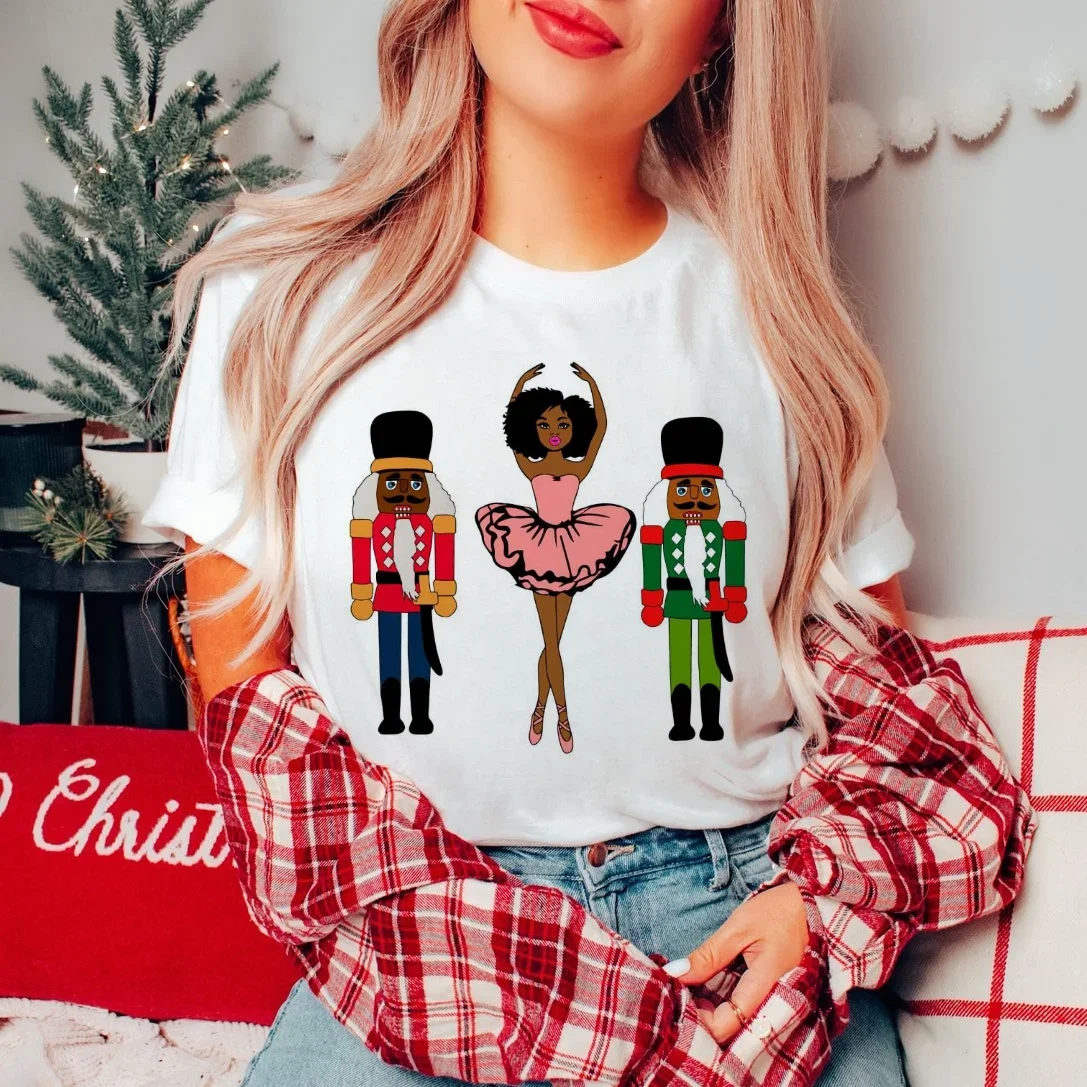 Trendy Graphic Sugar Plum Fairy Black Nutcracker Christmas Women's Fashion New Year Short Sleeve Printed Holiday Christmas T-Shi