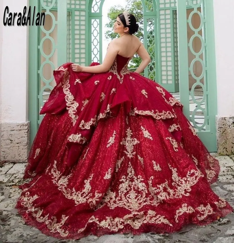 Cara & Alan-Vestidos de Quinceañera de color burdeos, con lentejuelas de corazón, Apliques de encaje, 15 Vestidos de desfile, Vestidos de lentejuelas de XV años