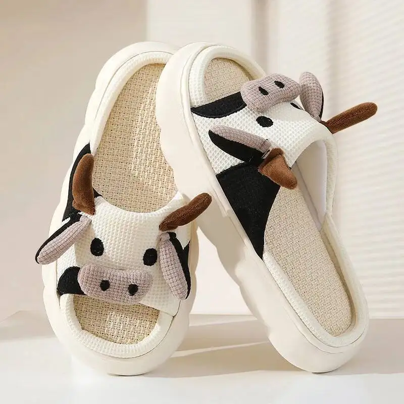 

All Season Indoor Home Slippers Cow Print Linen Design Women's & Men's Anti Slip Household Slippers Sandals