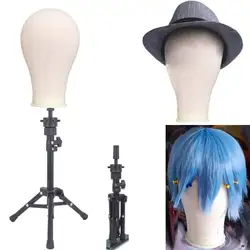 Canvas Block Head Display Styling Manikin Head Wig Stand Training Mannequin Model with Mini Wig Stand Adjustable Tripod