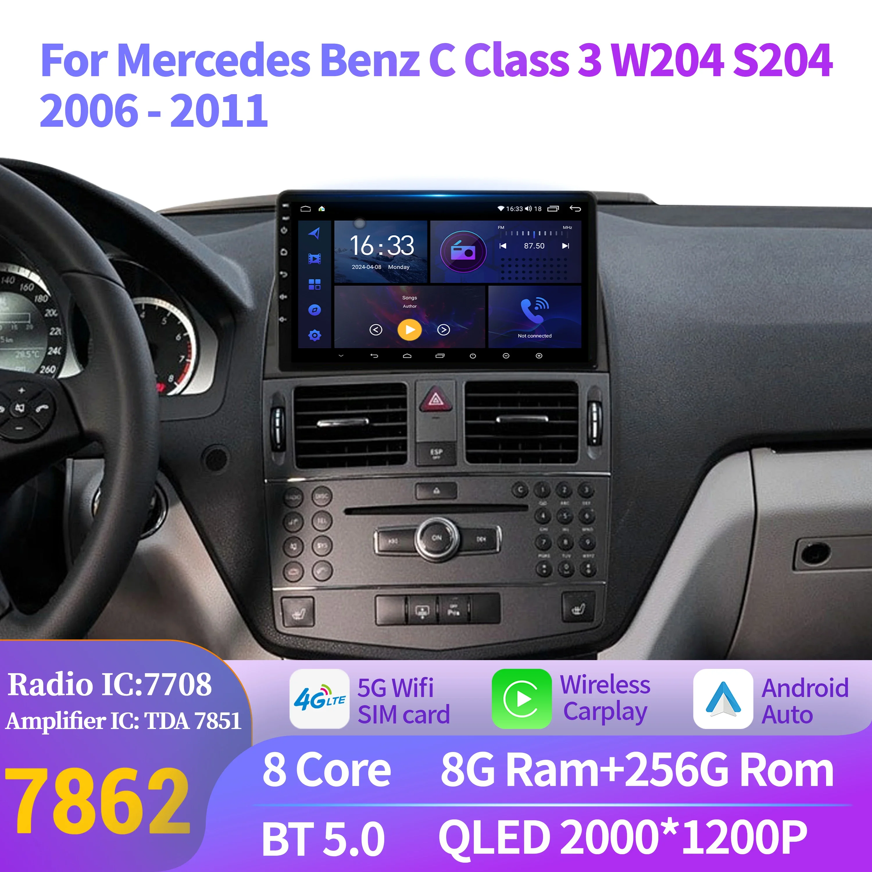 

Автомобильная магнитола Android 14 для Mercedes Benz C-класса 3 W204 S204 2006-2011 с беспроводным Bluetooth, CarPlay, мультимедиа, сенсорным экраном 2K QLED