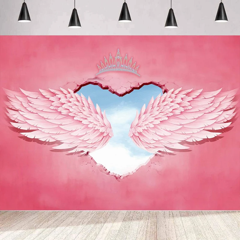 

Pink Angel Wings Photography Backdrop Love Crown Sky Little Princess Girl Birthday Baby Shower Background Wall Banner Poster