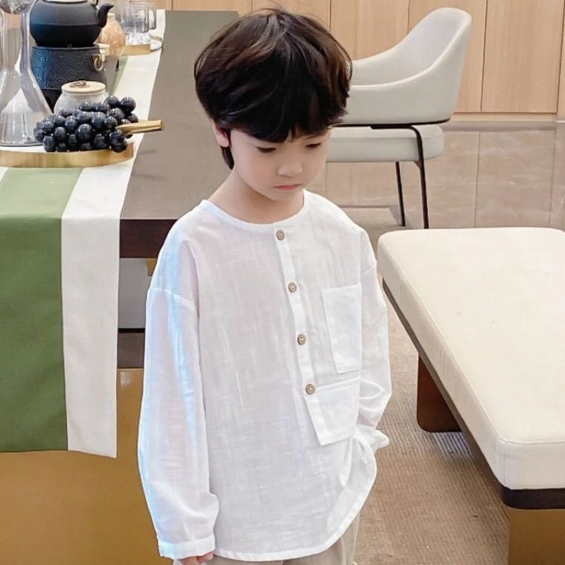 Boys Cotton Linen T Shirt Summer Thin Casual Solid Color Korean Style Kids Tops Tee Children Clothing - view 2