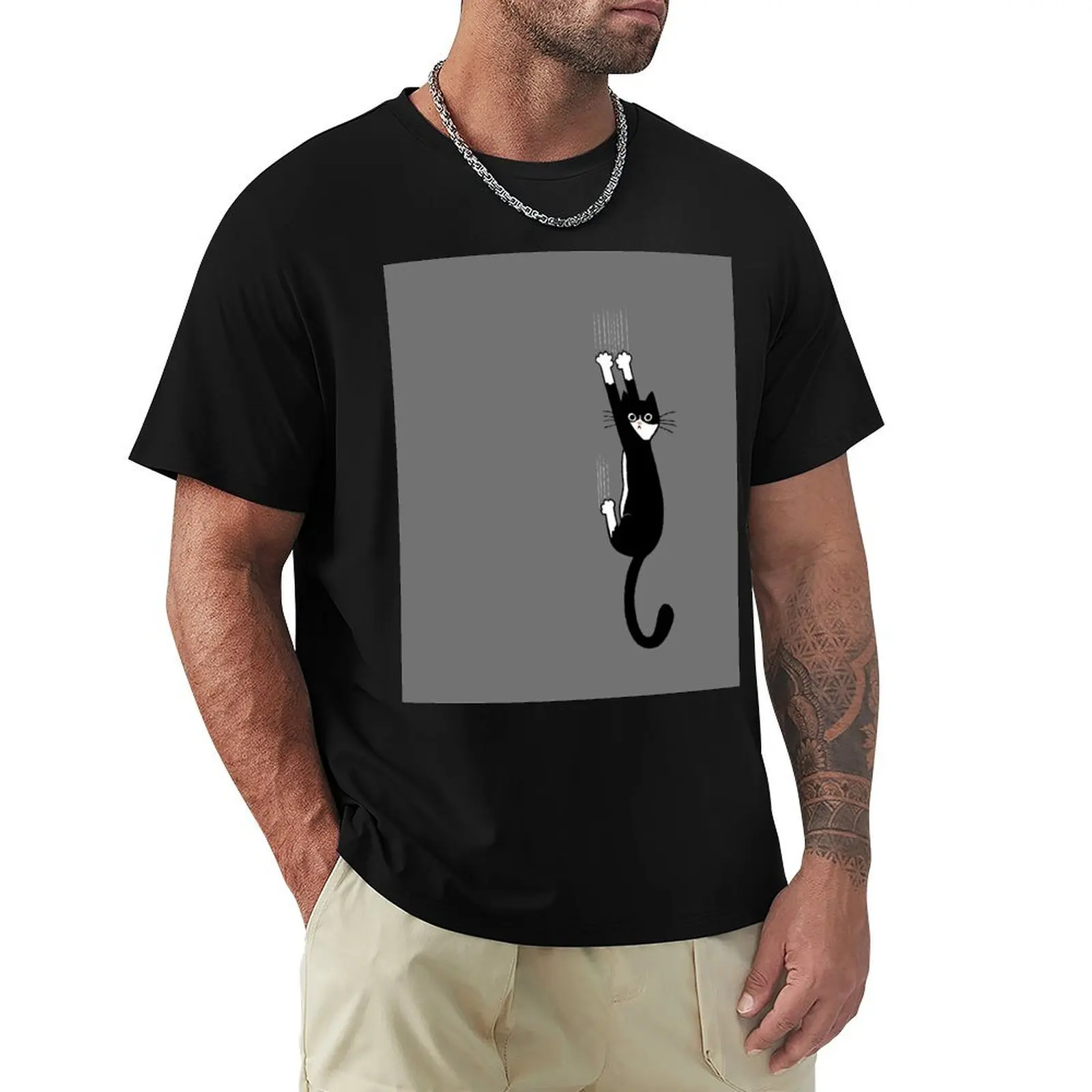 

Black and White Cat Hanging On Funny Tuxedo Cat T-Shirt anime oversized plain white t shirts men