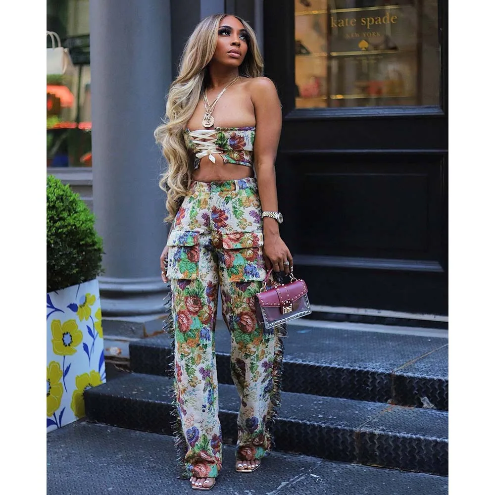 Sexy Crop Tops Two Piece Pant Set Outfits Matching Sets 2024 Women Elegant Flower Fringe Wide Leg Pant 2 Piece Summer Set