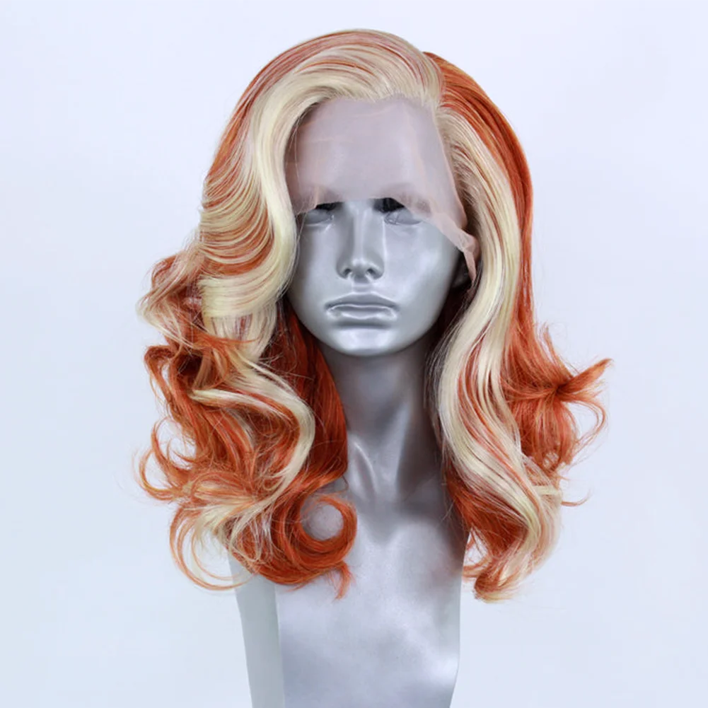 AIMEYA Halloween Synthetic Lace Front Wig Highlight Orange Blonde Wigs for Women Short Loose Wave Lace Wig Cosplay Party Wigs