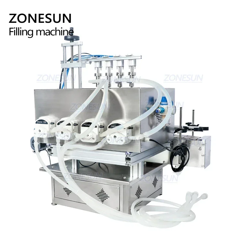 ZONESUN ZS-DTPP4E อัตโนมัติสี่หัวโต๊ะ PNEUMATIC เติมเจลโลชั่นเครื่องดื่มปั๊ม Peristaltic Liquid Filling Machine