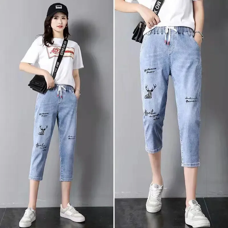 

Korean Style Harlan Calf-Length Jeans Women Spring Summer Current Streetwear Y2k Pants High-Waist Embroidery Cropped Trousers