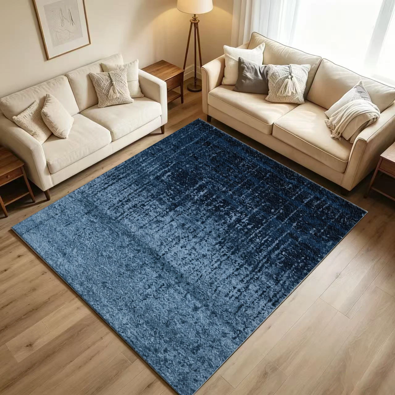 Dark Navy Blue Vintage Distressed Brush Textured Carpet Flooring Faded Large Area Rug for Living Room Home Decor
