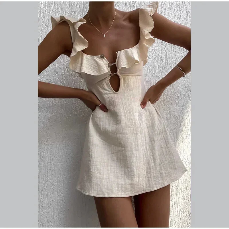 Elegant Cotton Linen Hollow Out Mini Dress Women Square Neck Backless Buttons Ruffles Sexy Short Dresses Summer Holiday Vestido