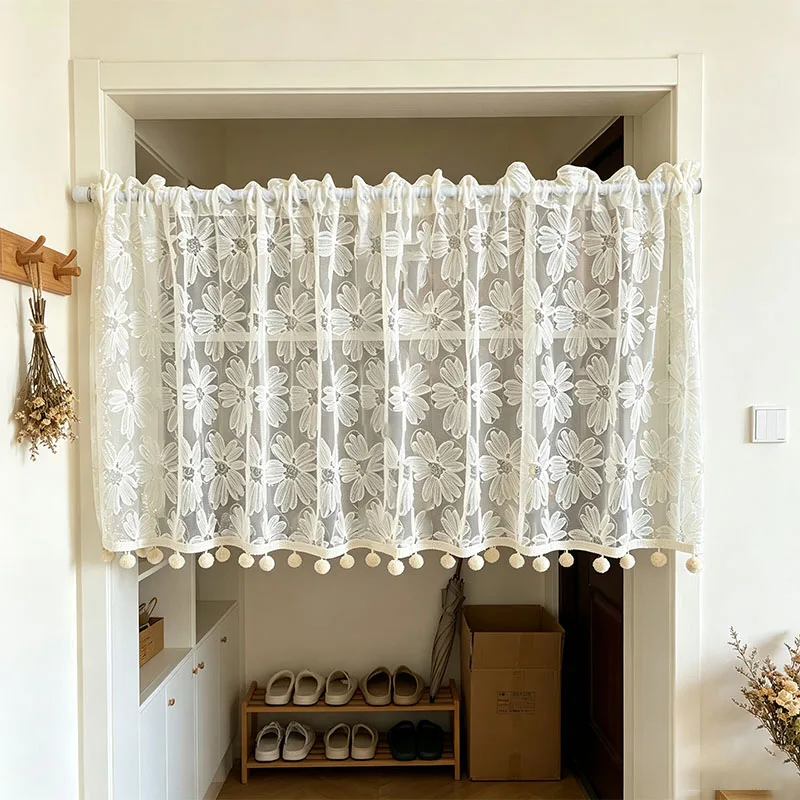 1pc Luxury Mesh Floral Applique Short Sheer Valance, Sparkle Sequins Pom Pom Edge Curtain for Balcony & Small Boutique Decor