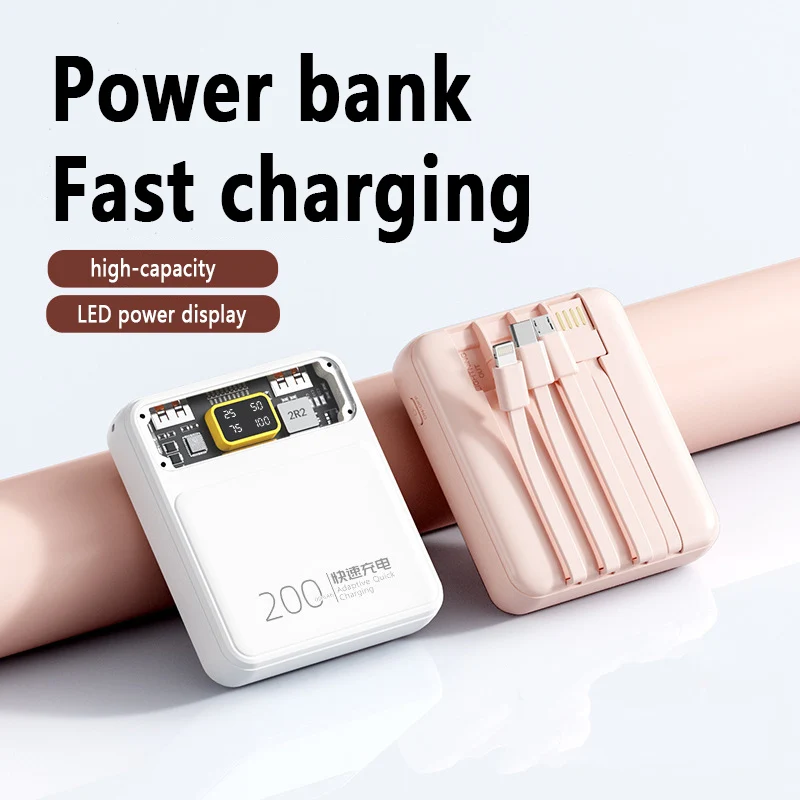 

20000mAh Mini Portable Power Bank Fast Charger Large Capacity External Battery Built 4 in 1 Cable Mobile Power Bank for Xiaomi