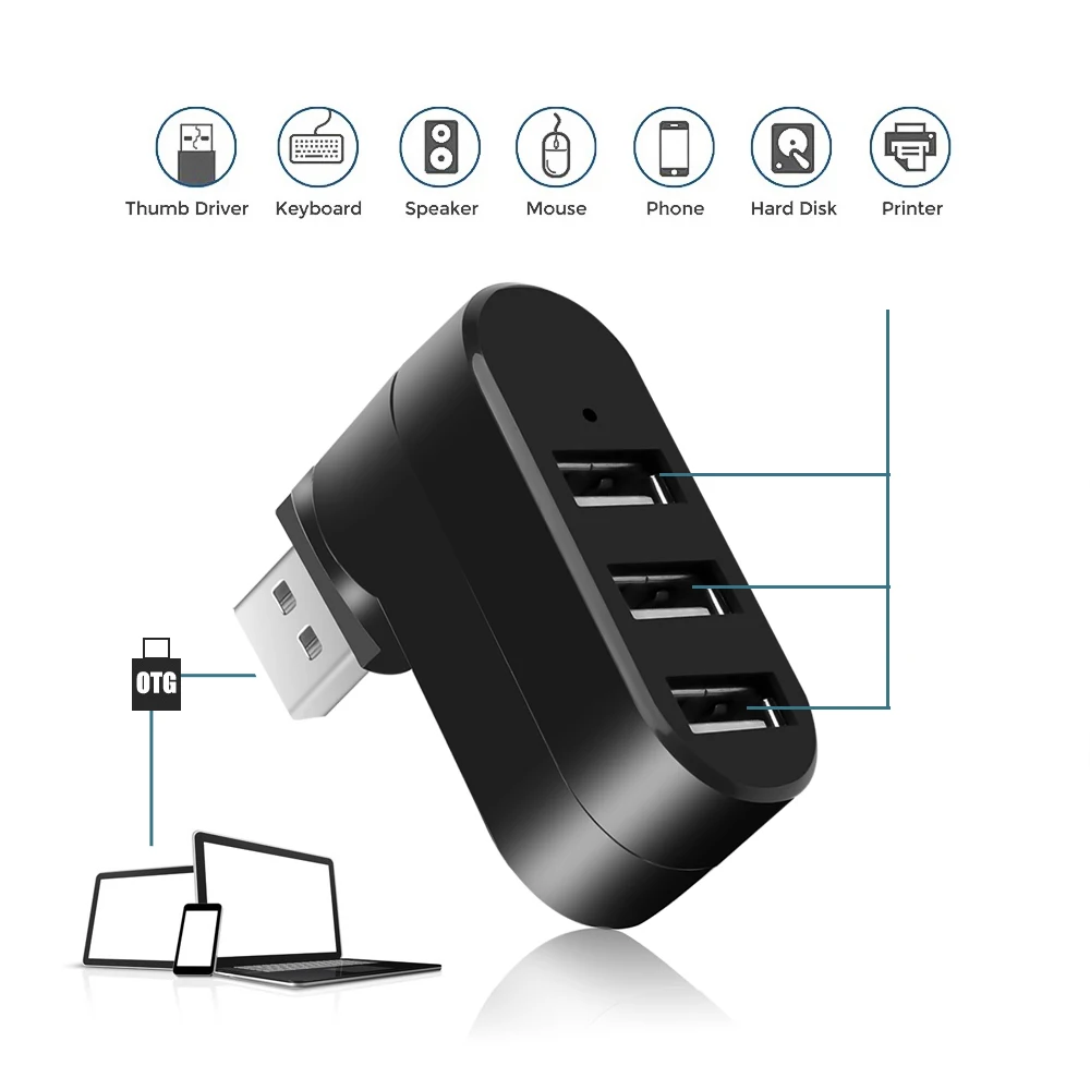 USB Hub 3.0 Adapter 180 Rotation High Speed U Disk Reader Splitter 3 Ports USB 2.0 for Computer PC Laptop Mac Mini Accessories