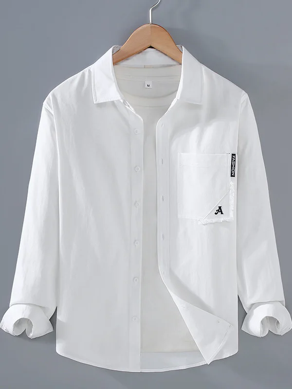 Trendy Long Sleeve Embroidered Cotton Casual Shirt Men's Loose Fit Autumn Outerwear Design Pocket Decorated Lettering