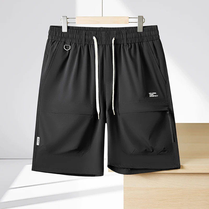 

Мужские рабочие шорты больших размеров из ледяного шелка с эластичным поясом на шнурке, модные, для полных мужчин, очень большие, длиной до колена