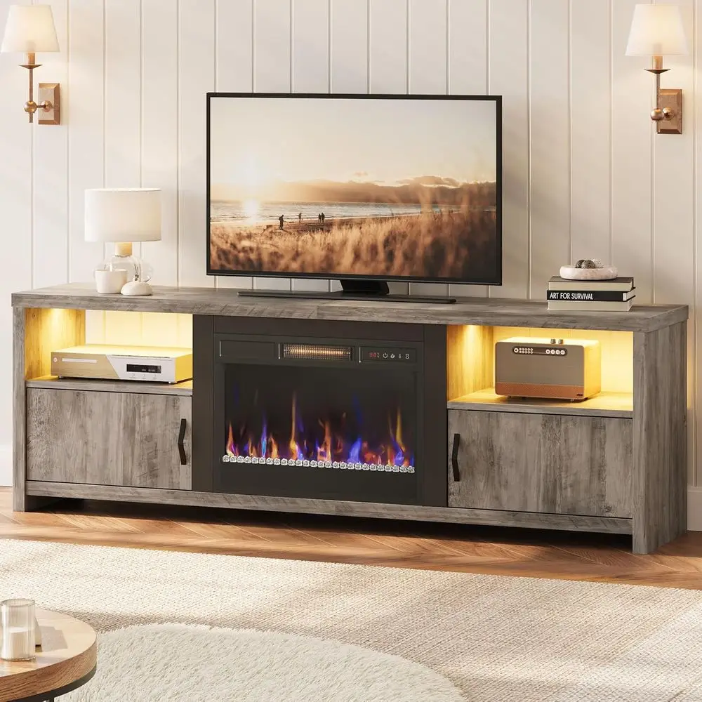 70 Inch TV Stand or 75 TVs, Entertainment Center with LED Lights, Storage Cabinets and Adjustable Shelves for Living Room, Wash