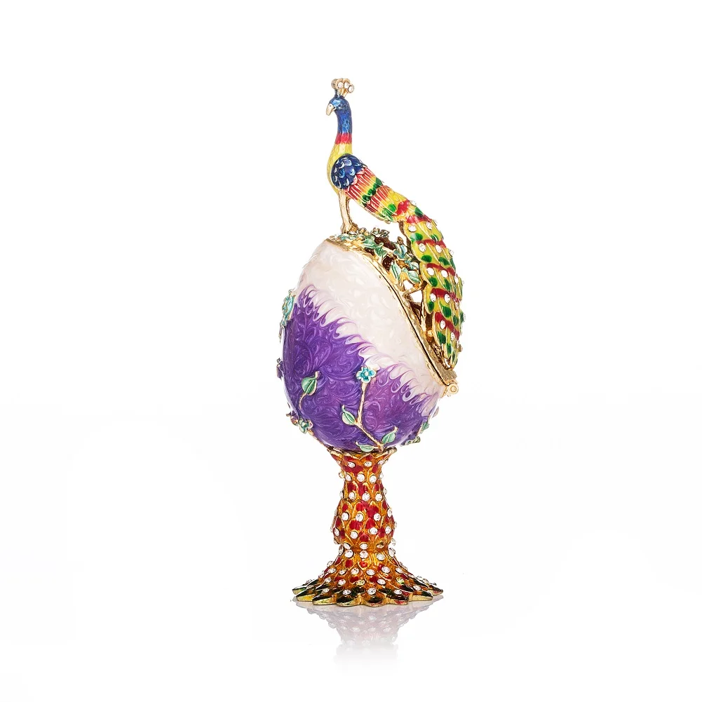 QIFU Vintage Peacock Crafts Purple Faberge Eggs Figurine Jewelry Box for Decoration