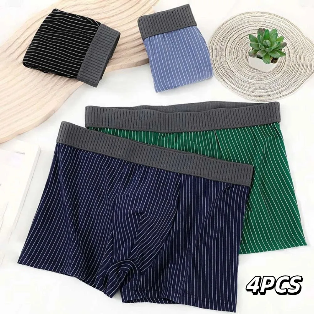 

4PCS Comfortable Stripe Men's Flat Panties Large Size Mid Waist Sporty Boxers Shorts Briefs Underpants Men's Underwear Male
