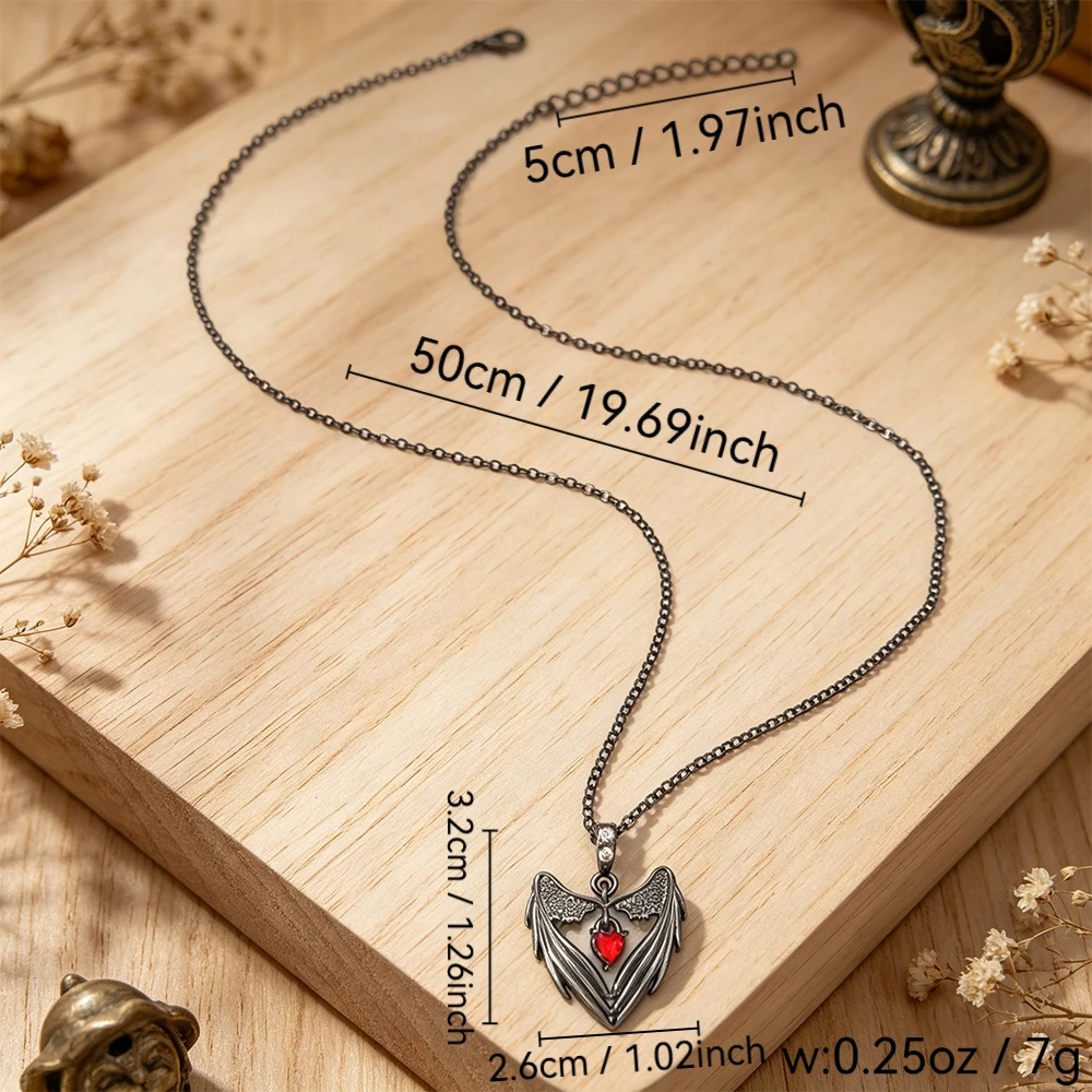 Vintage Angel Wings Heart Red Diamond Pendant Necklace, Distressed Black/Silver Two-Tone Couple Clavicle Chain, Niche Dark Style Accessory