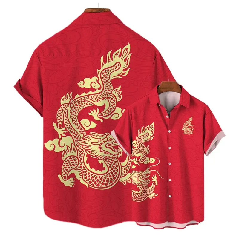 

Dragon Year 2024 Short Sleeve Shirts For Men Clothes Ethnic Chinese New Year Lapel Blouse Gold China Dragon Blouses Kids Gifts